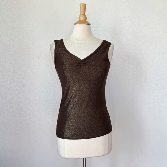 Vintage 90s Brown Metallic V-Neck Fitted Tank Top - Picture 2 of 8